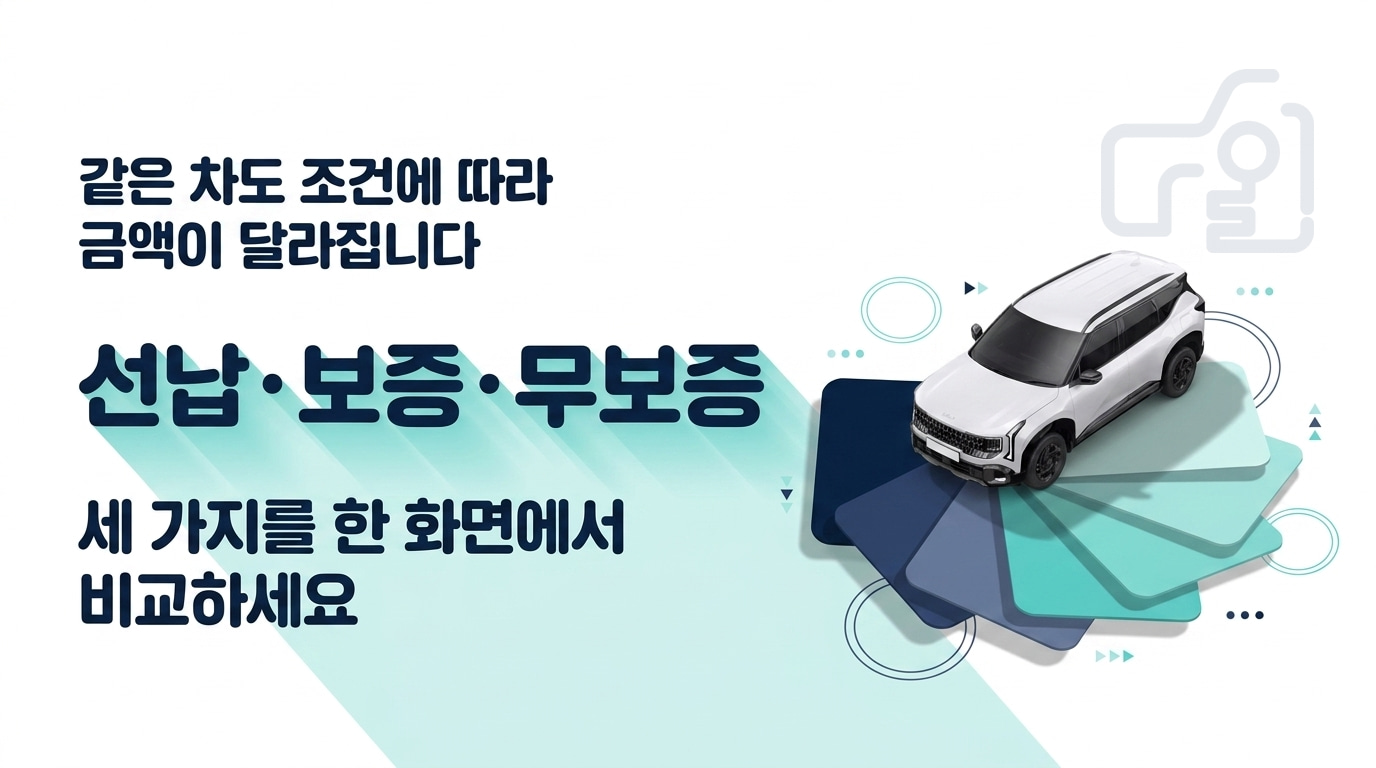 같은 차도 조건에 따라 금액이 달라집니다 - 선납 · 보증 · 무보증 세 가지를 한 화면에서 비교